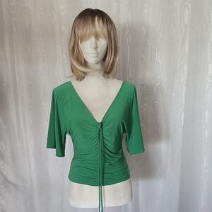 White House Black Market Green Ruched V-Neck Blouse